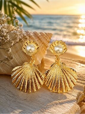 Gold Shell Drop Earrings with Pearl Accent by